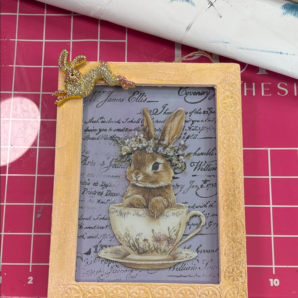 Bunny in Teacup Wall Art - Peach Frame with Rhinestone Bunny Accent
